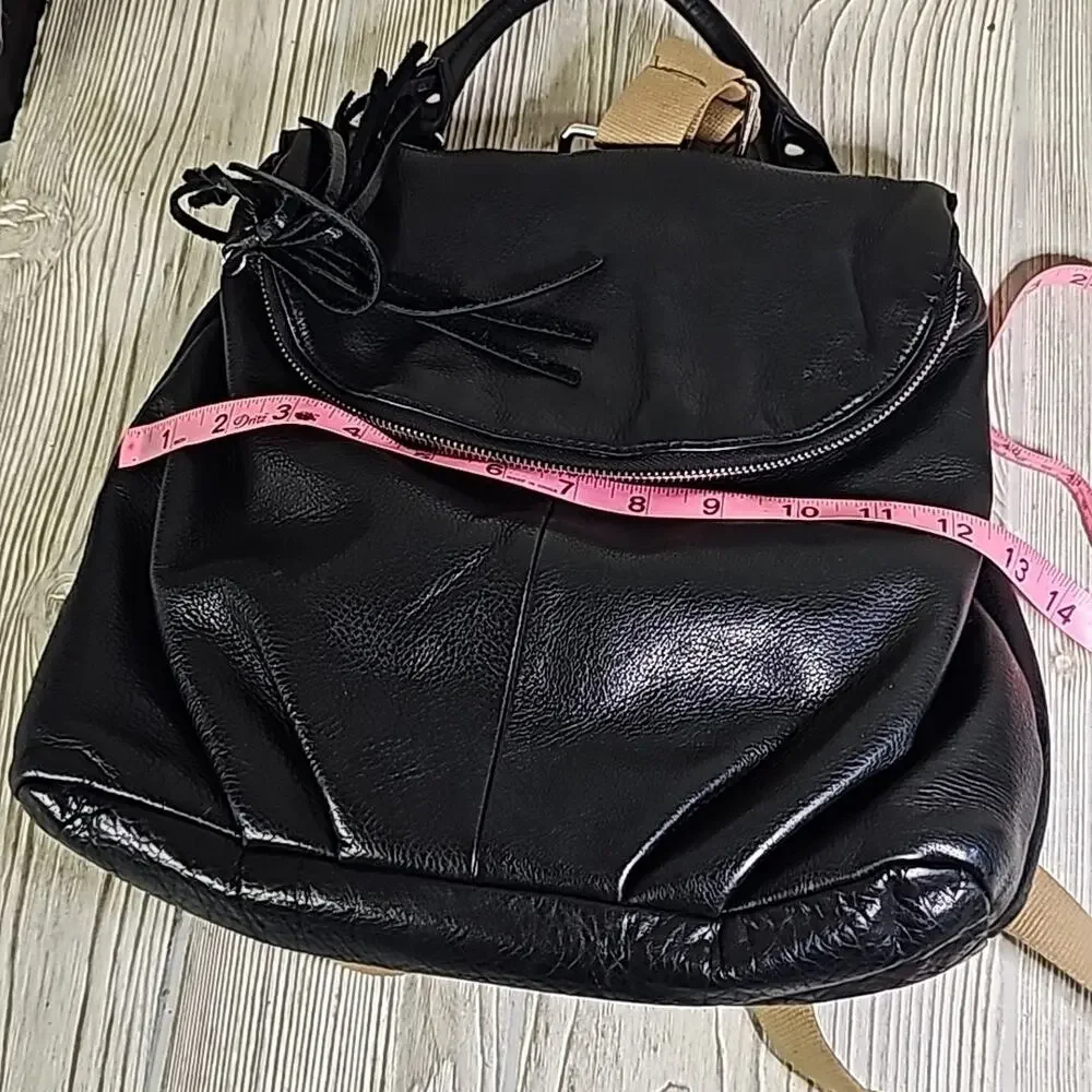 Margot Black Leather Zipper Flap Hobo Backpack Khaki Straps